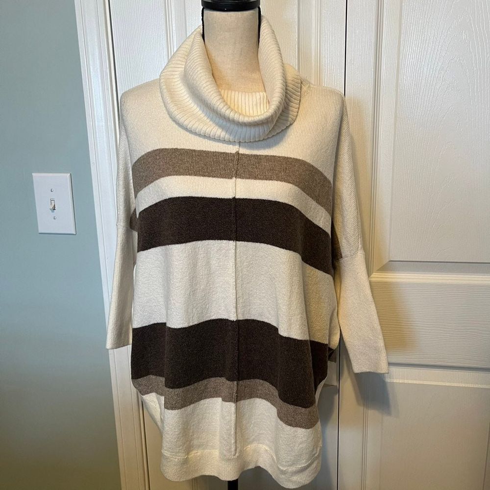 LOFT Striped Poncho Sweater Womens Size XS‎ Cream Brown Cowl Neck
